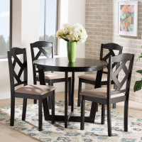 Baxton Studio Morigan-Sand/Dark Brown-5PC Dining Set Morigan Sand Fabric Upholstered and Dark Brown Finished Wood 5-Piece Dining Set